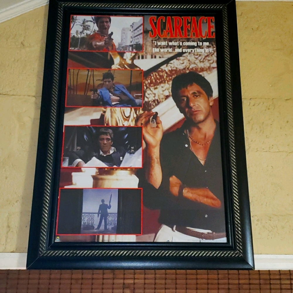 Wood and glass framed SCAREFACE poster.